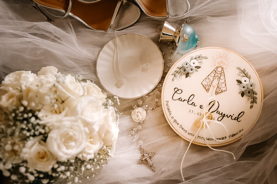 Porta-aliança com os nomes Carla e Dayvid ao lado do buquê de rosas brancas da noiva