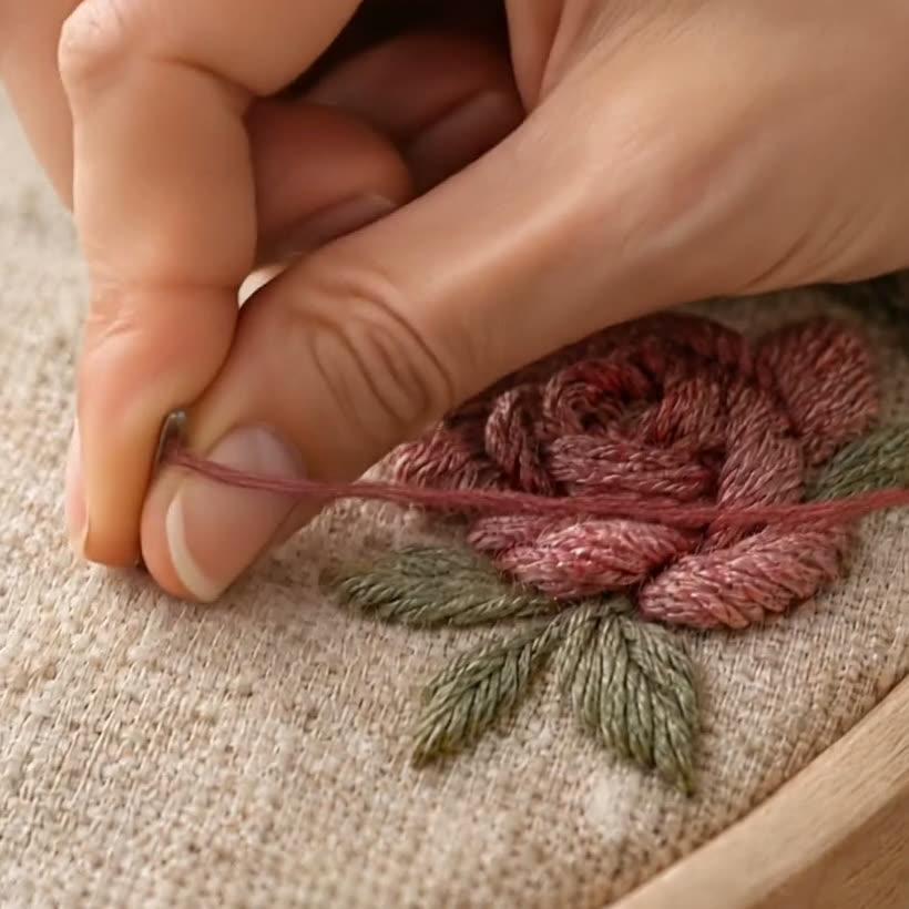 Mão bordando: os dedos seguram a agulha no linho e puxam a linha rosa antigo ao lado de uma rosa bordada