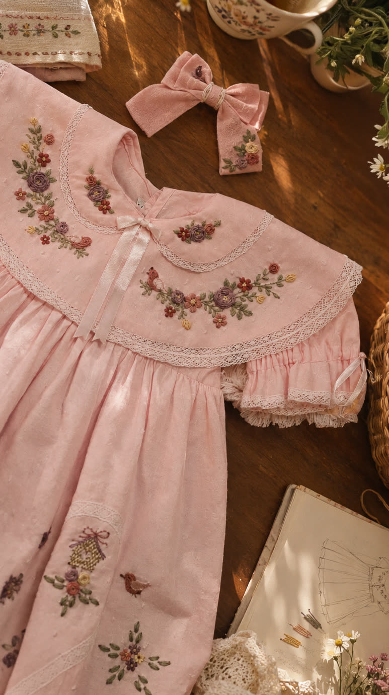 Vestido rosa com gola grande bordada com flores